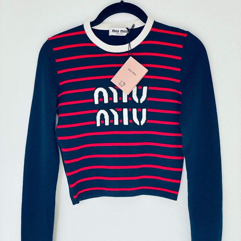 W/Tags MIU MIU Wool Logo Crewneck Fitted Sweater in Navy Blue Preppy Red Stripe